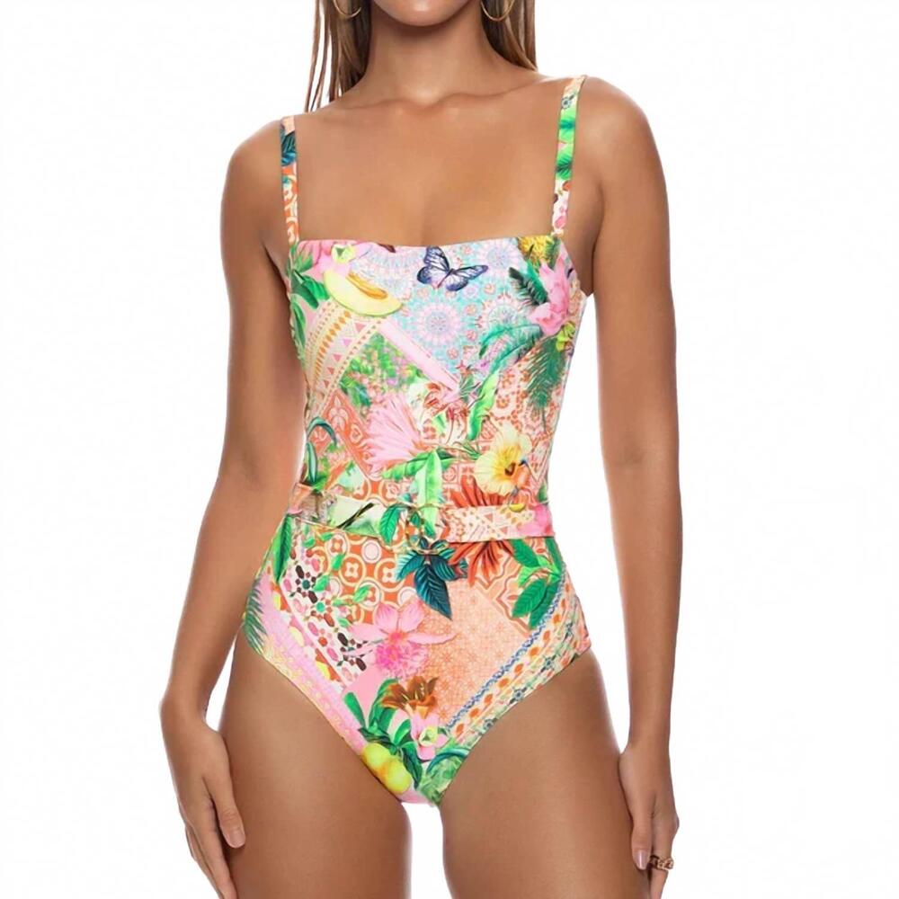 NEW LULI FAMA opulent eden square neck one piece fuller back bikini in multicolo